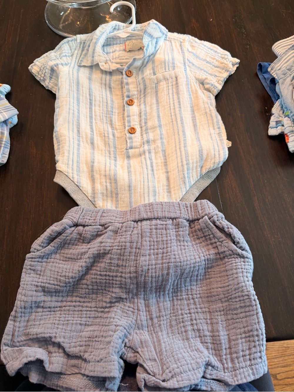 Me & Henry- Striped Button Romper and Textured Shorts Set - Blue & White
